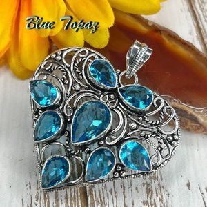 Heart Pendant Blue Topaz Large Handmade Statement 924 Stamped Bohemian Sparkler